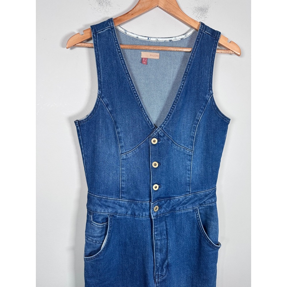Pilcro Denim Jumpsuit Women 8 Blue Boho Retro 70s Flare Button Front Sleeveless - Picture 4 of 7